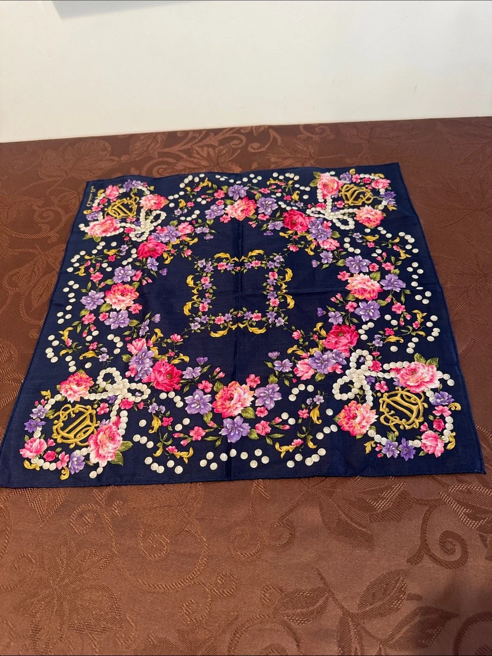 Christian Dior Navy Floral Handkerchief with Pink & Purple Blooms - Picture 3 of 6